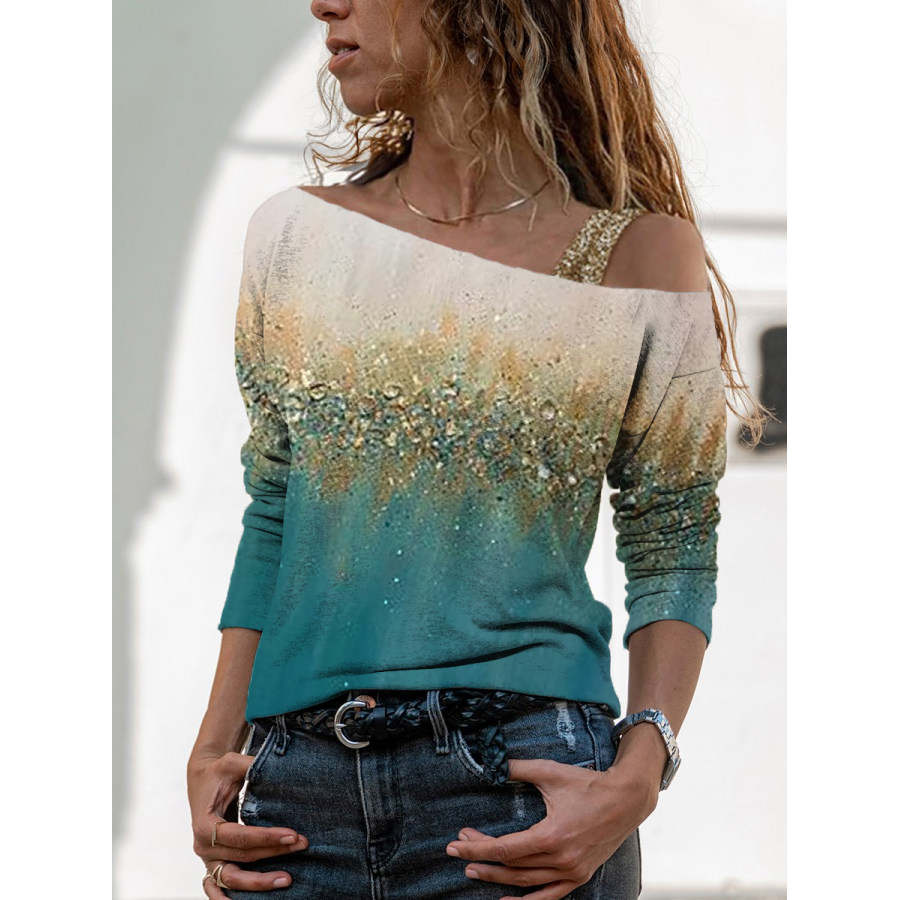 Art Print Color Block Off-shoulder Long Sleeve Top Women