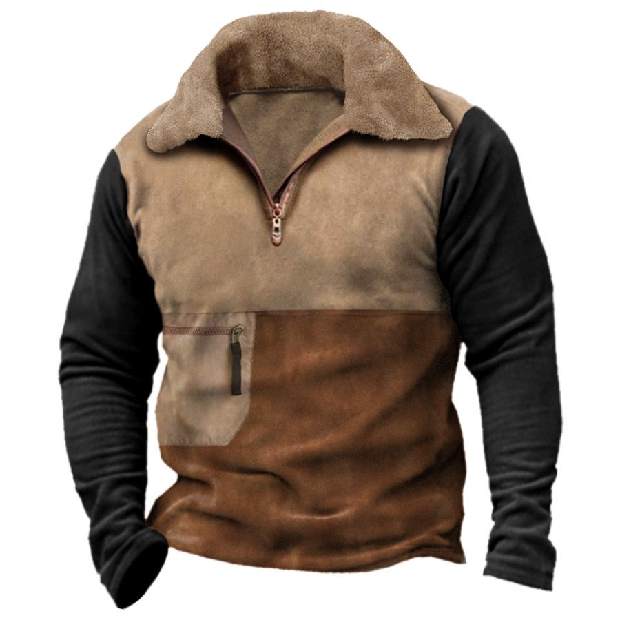 Sudadera Polar Con Cuello De Piel Y Media Cremallera De Invierno Vintage Para Hombre