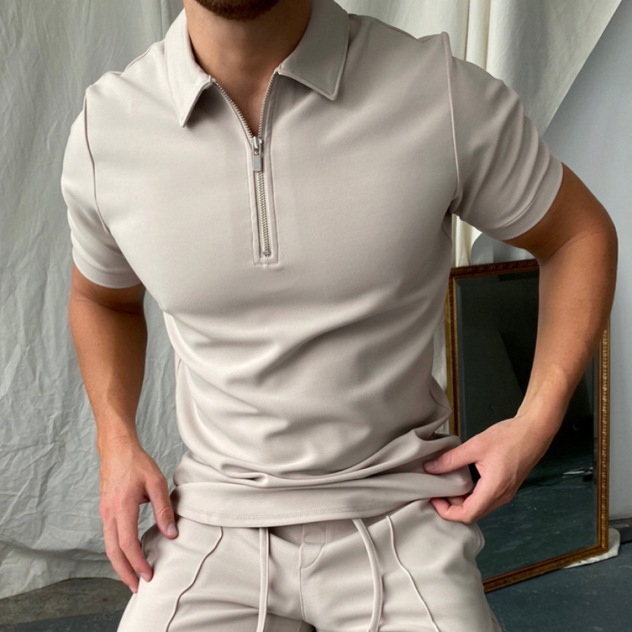 Zip Solid Color Polo Shirt