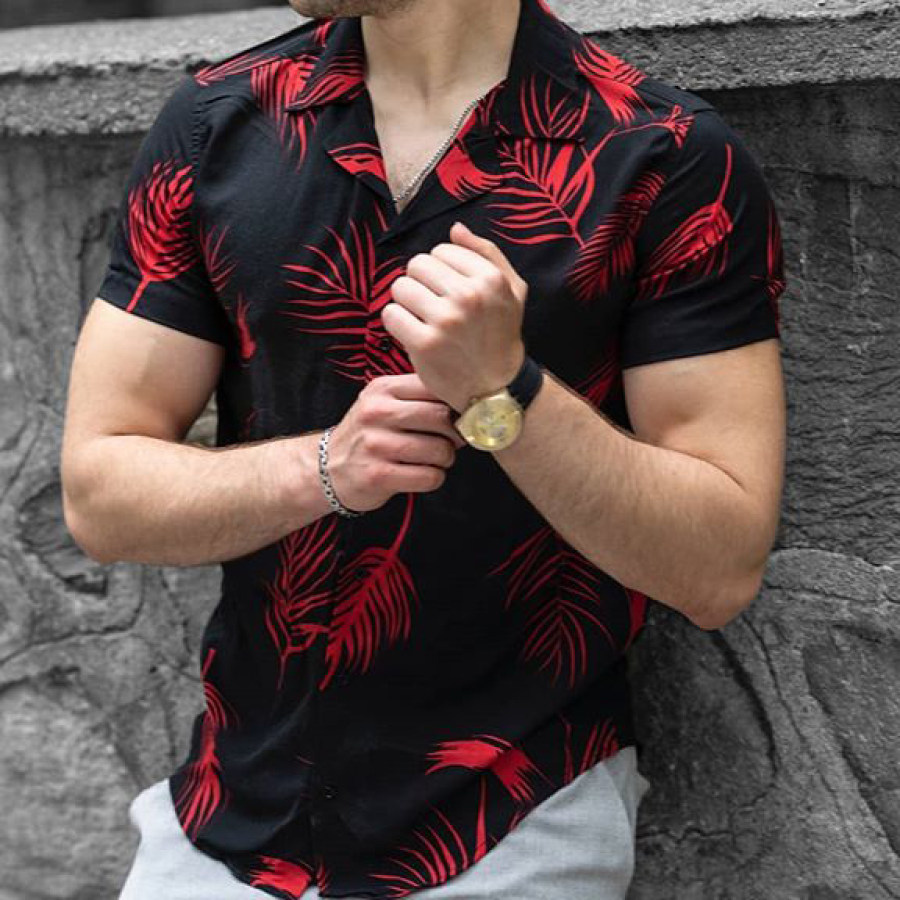 Casual Plant Print Short-sleeved Lapel Shirt