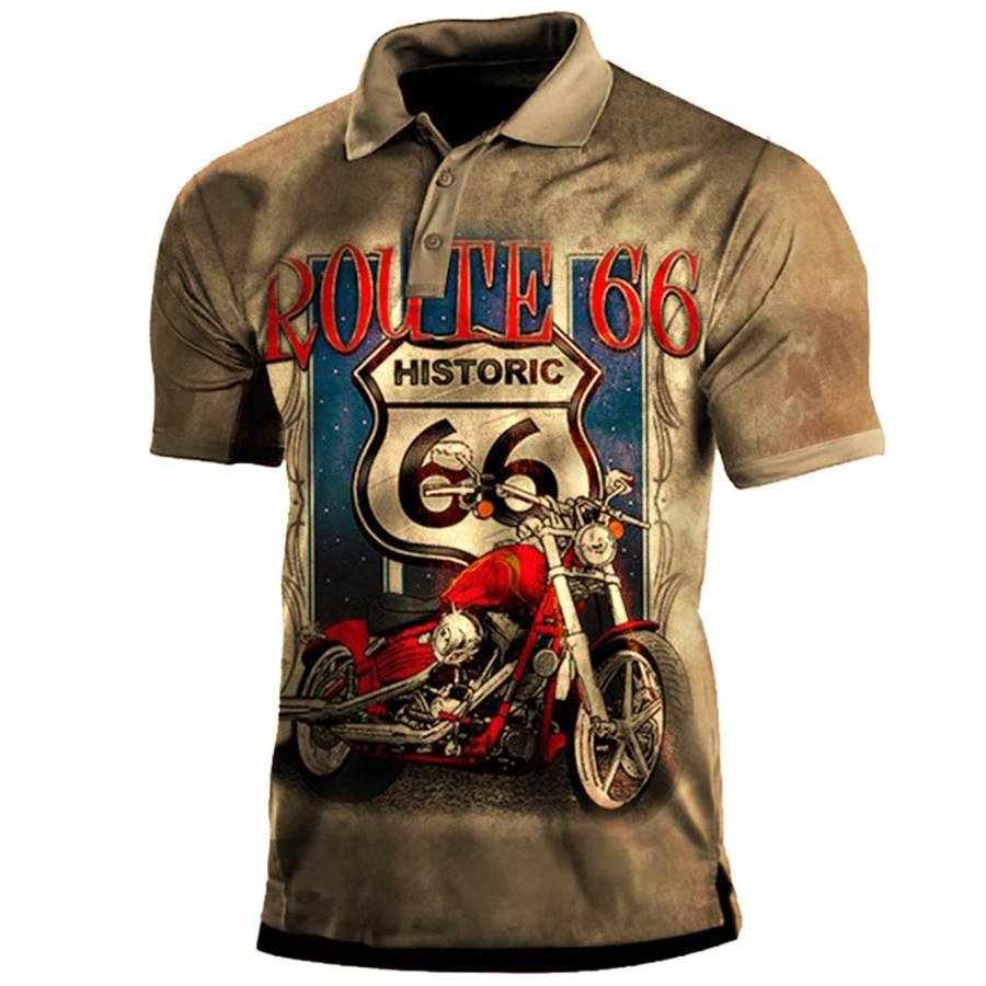 Men's Outdoor Motorcycle Route 66 Print Polo T-Shirt