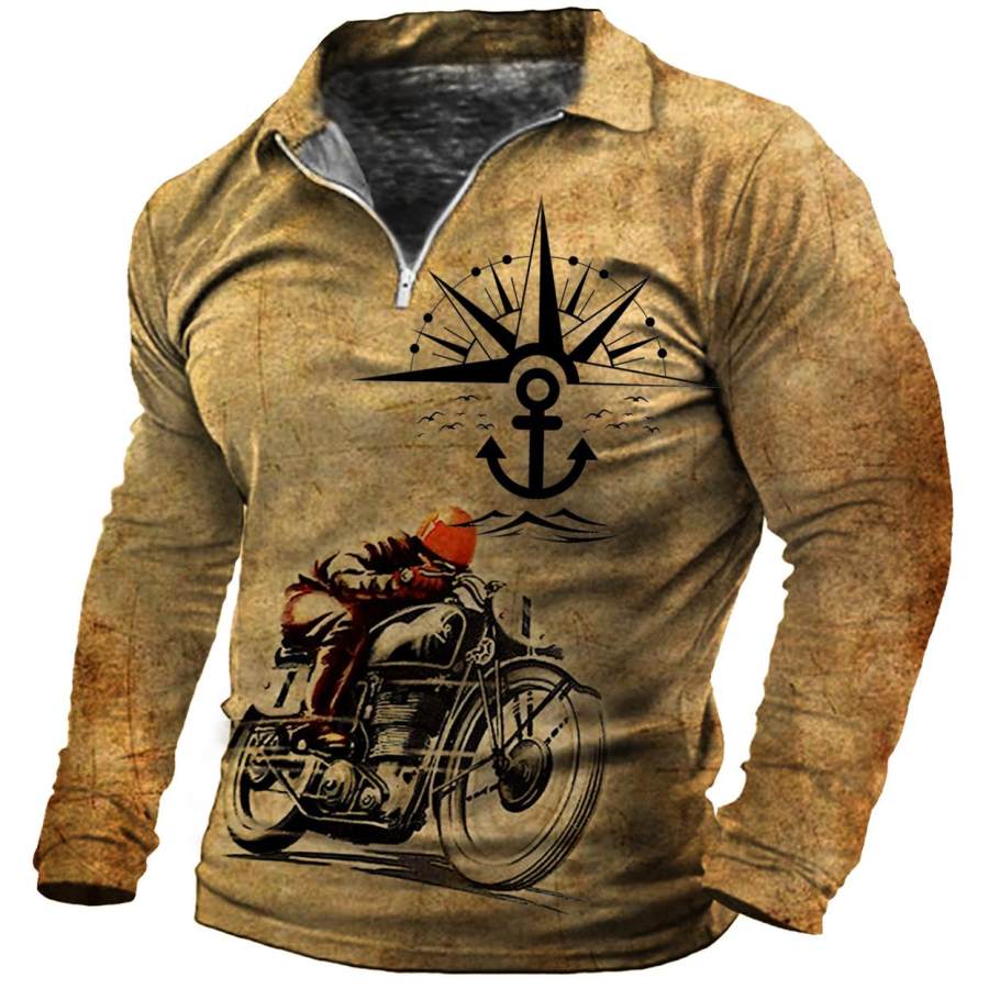 Men's Outdoor Compass Motorcycle Zip Polo Long Sleeve T-Shirt