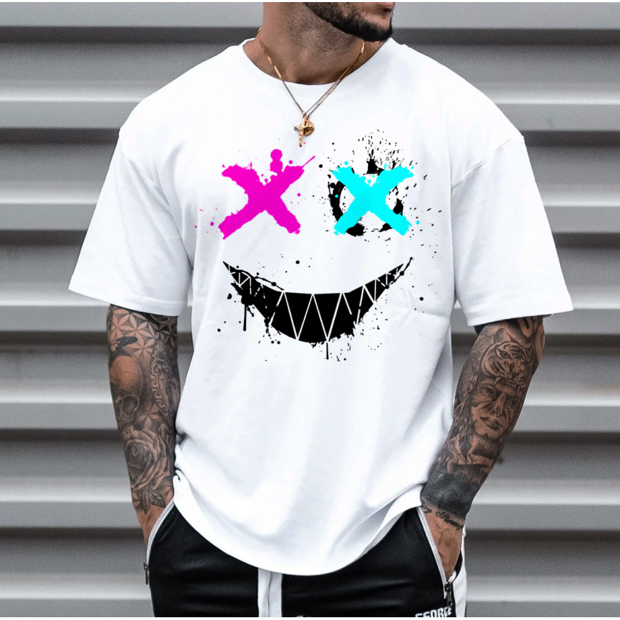 Men's Fashion Smiley Print Short Sleeve T-Shirt Casual Crew Neck Top