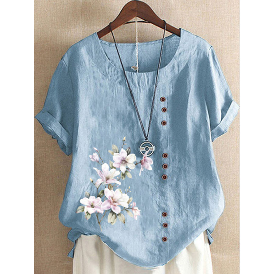 

Round Neck Casual Loose Floral Print Short Sleeve Blouse
