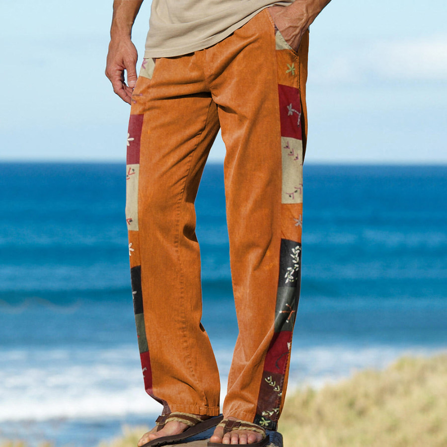 Men's Linen Contrast Checkered Patchwork Print Boho Pants