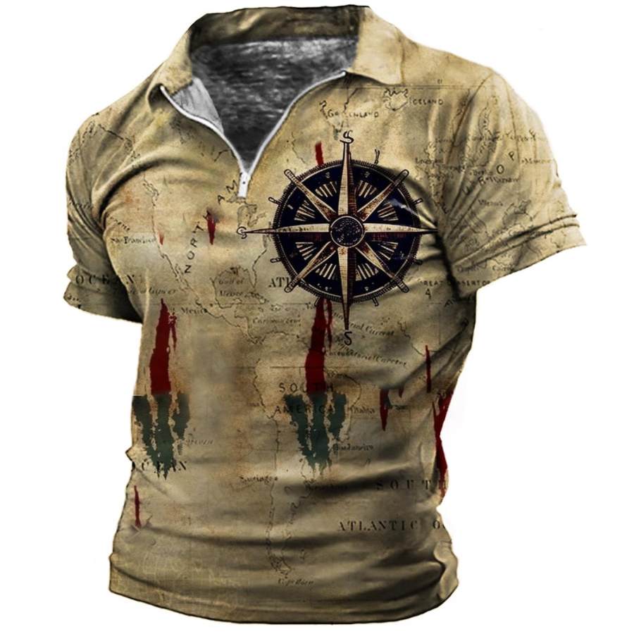 

Винтажная мужская футболка-поло с морской картой и компасом больших размеров на молнии