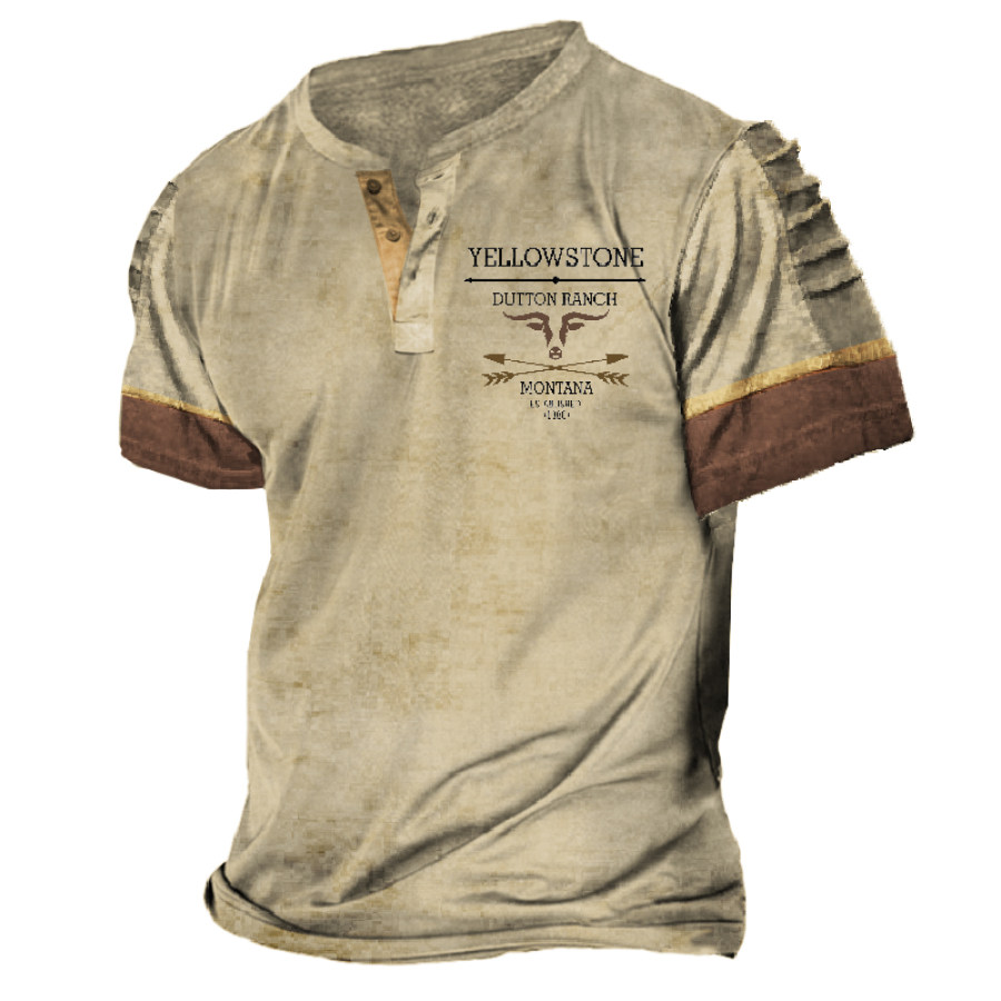 

Herren Vintage Western Gelb Henley Kragen Kurzarm T-Shirt