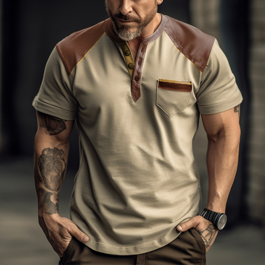 Men's Retro Outdoor Comfortable Breathable Solid Color Stitching Pocket Design Henley Collar Short-sleeved T-shirt
Men's Retro Outdoor Comfortable Breathable Solid Color Stitching Pocket Design Henley Collar Short-sleeved T-shirt