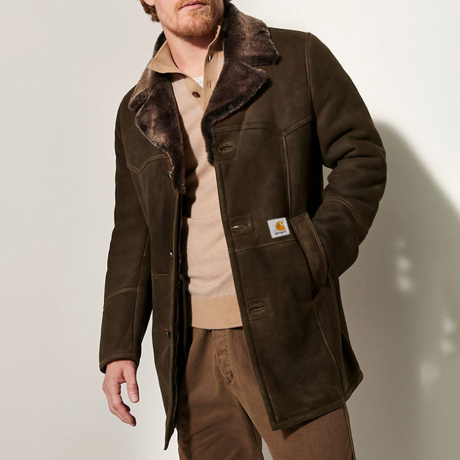 

Мужская куртка Кожаная флисовая винтажная дубленка из овчины Уличное пальто Темно-коричневый