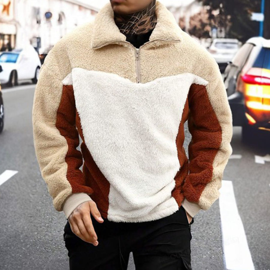 Sudadera De Forro Polar Engrosada Para Hombre Bloque De Color Suelto Cuello Medio Abierto
