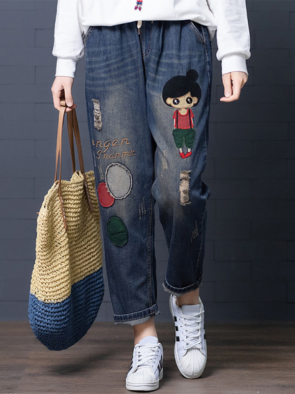 

Slim embroidery loose hole patch trousers