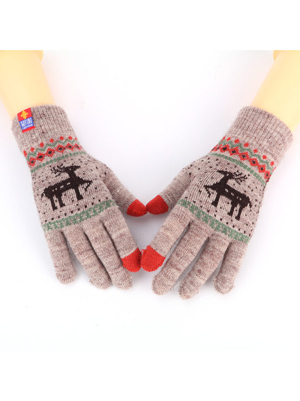 

Autumn and winter cashmere double deer single layer warm gloves Christmas gift cartoon knitted touch screen finger gloves