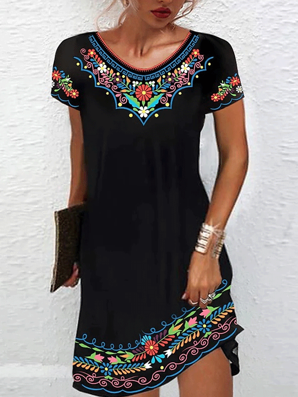 Women's Bohemian Print Short Sleeve Dress - Ninacloak.com 