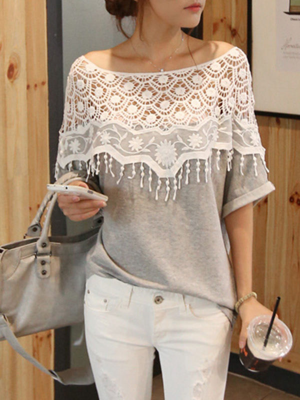 Summer Cotton Women Round Neck Decorative Lace Tassel Plain Roll-Up Sleeve Short Sleeve T-Shirts