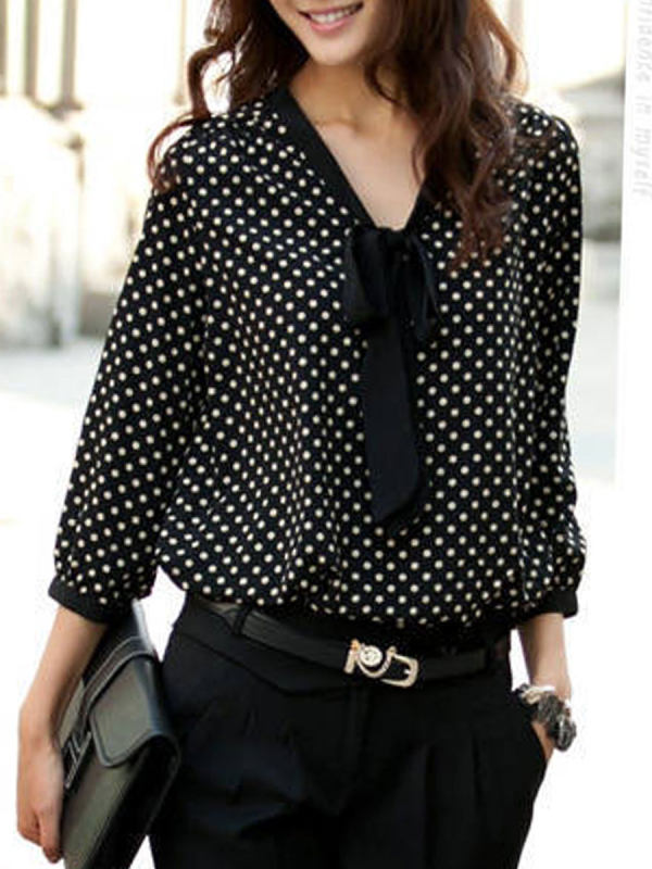 Spring Summer Chiffon Women Tie Collar Polka Dot Long Sleeve Blouses
