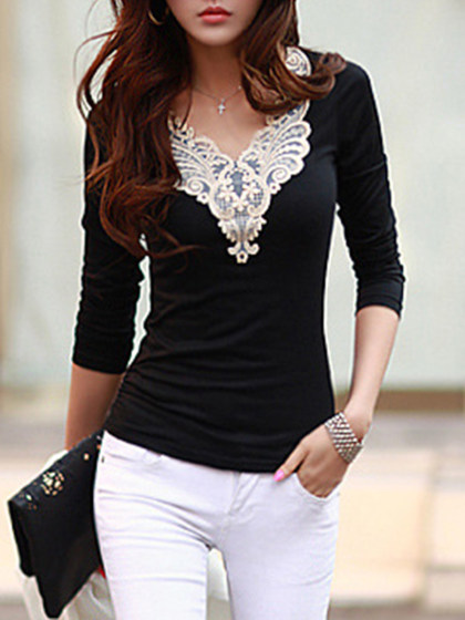 60% Off Autumn Spring  Cotton Blend  Women  V-Neck  Decorative Lace  Plain Long Sleeve T-Shirts