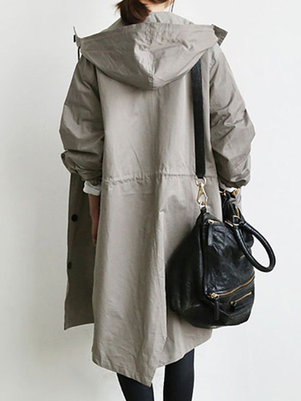 Hooded Drawstring Single Breasted Plain Long Sleeve Trench Coats