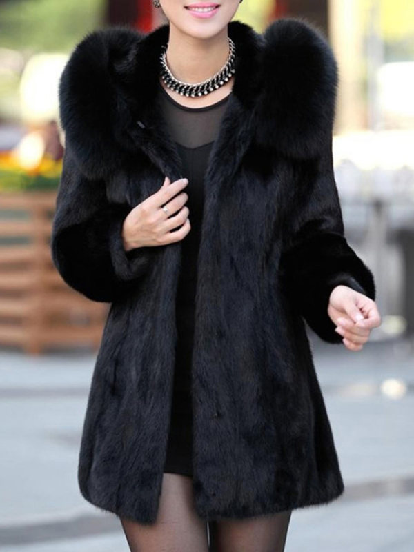 Luxury Black Hooded Faux Fur Coat