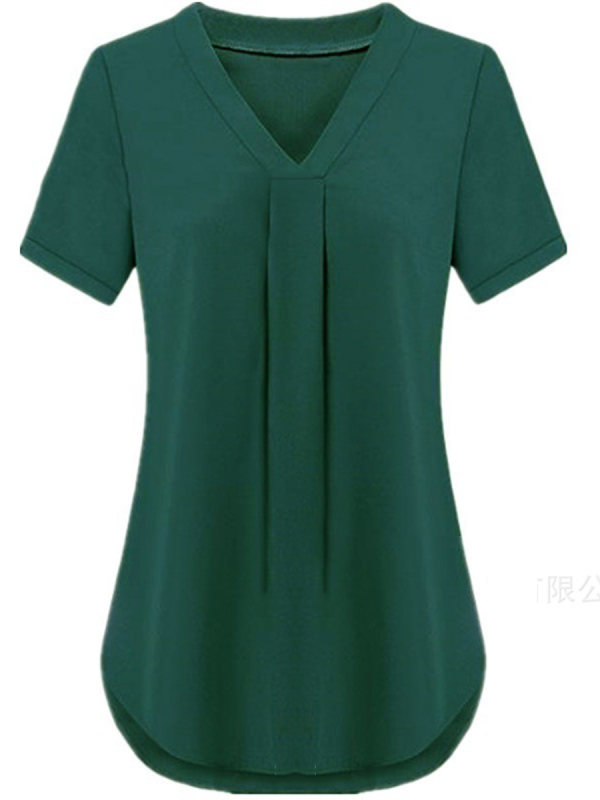 Polyester V-Neck Plain Short Sleeve Blouse Polyester V-Neck Plain Short Sleeve Blouse