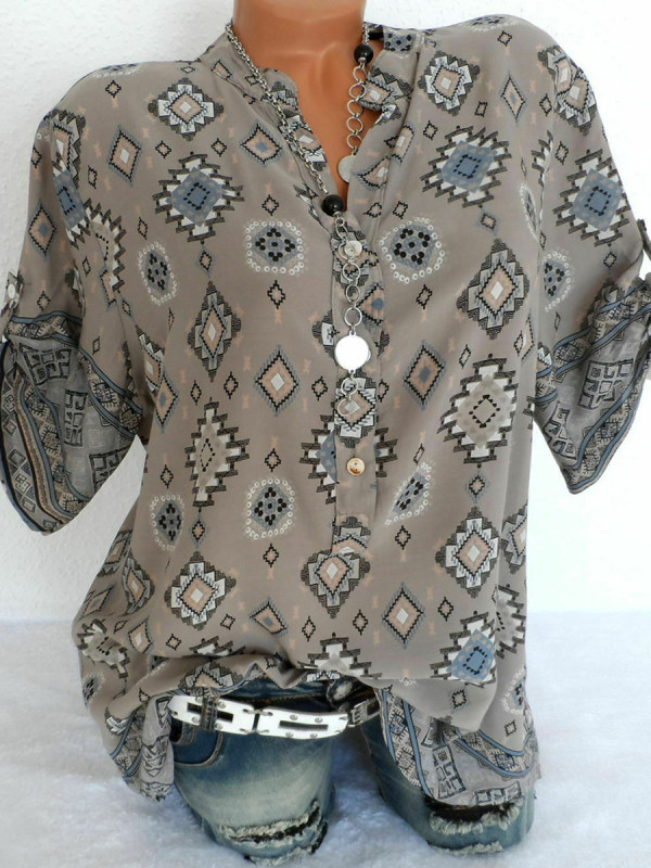 Band Collar Loose Fitting Geometric Printed Blouses