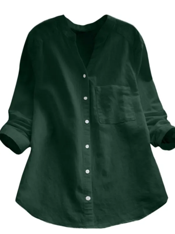 65% Off Autumn Spring V-Neck Linen Plain Shirts & Blouses - Ninacloak.com