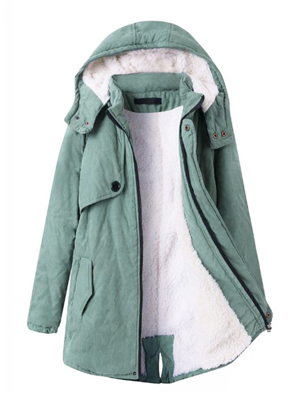 Hooded Flap Pocket Plain Fleece Lined Coat