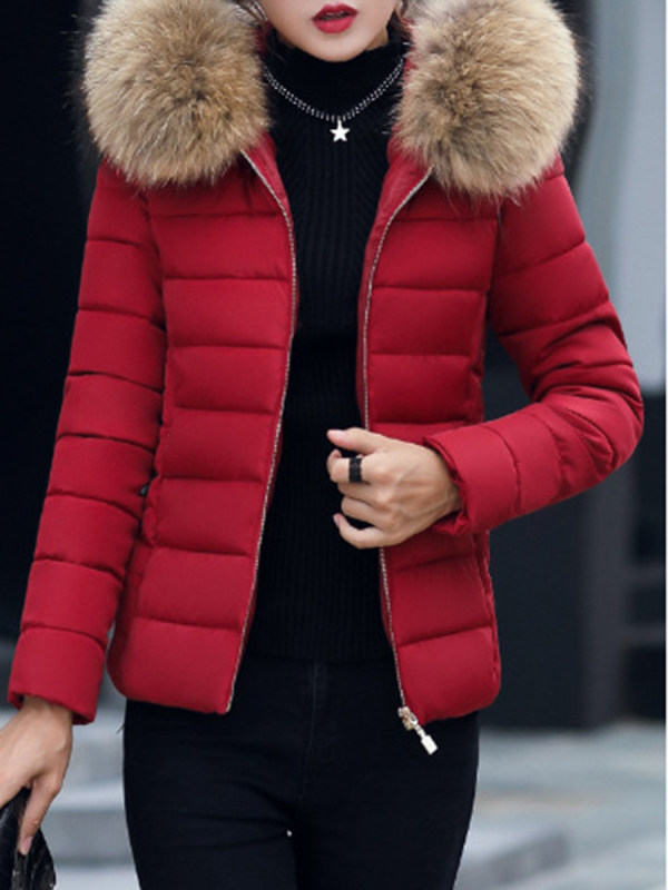 Hooded  Fur Collar  Plain Coat