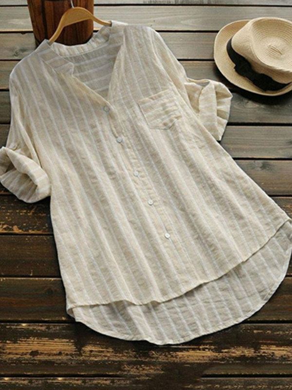 V Neck Loose Fitting Stripes Blouses