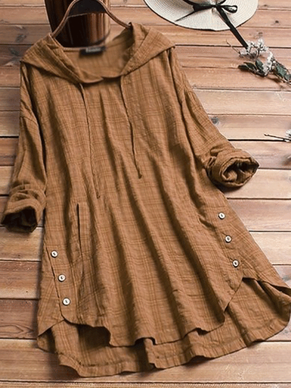 Womens cotton and linen button long-sleeved plaid top - Ninacloak.com 