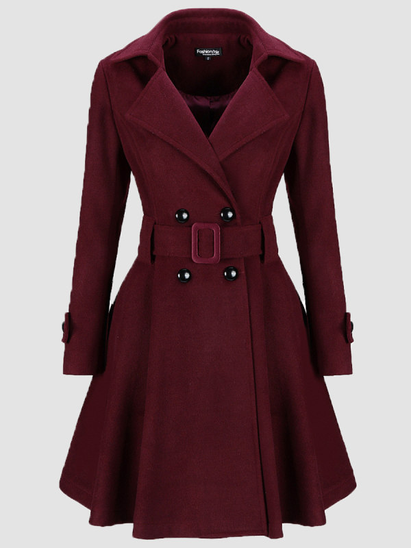 Classical Lapel Double Breasted  Plain Swing Woolen Coats