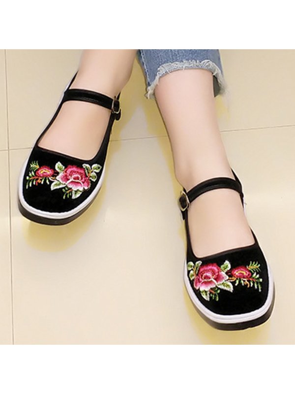 Embroidery Floral  Flat  Cotton  Ankle Strap  Round Toe  Casual Flat & Loafers
