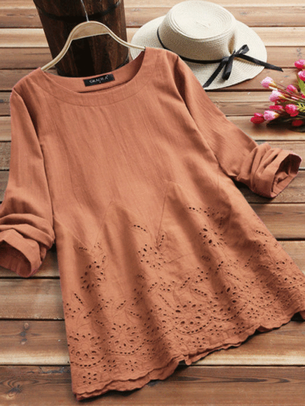 Loose Lace Long Sleeve Embroidered Round Neck Retro Blouse