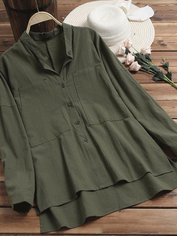 Casual loose pocket stand collar single-breasted irregular Blouse