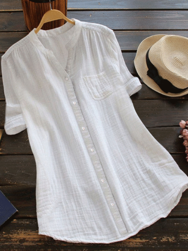 Pure Color Short Sleeve Collar Cotton Blouse