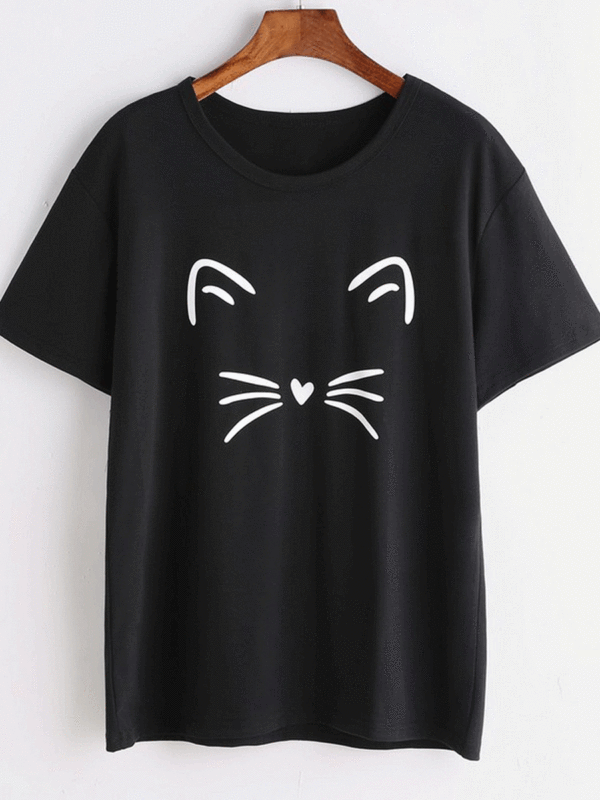 Cat Print Short Sleeve Shirts & Tops Only 8.99 - coralinlin.com