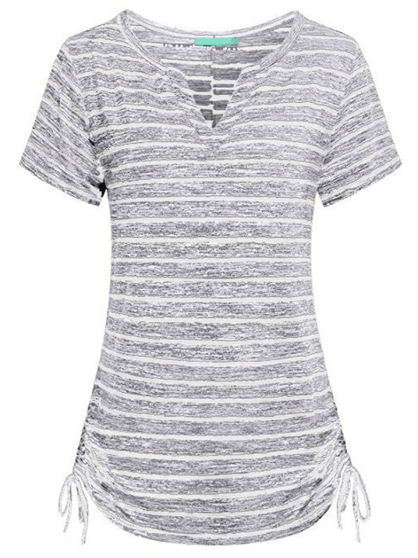 Womens V-Neck Short Sleeve Loose Drawstring Striped T-Shirt
