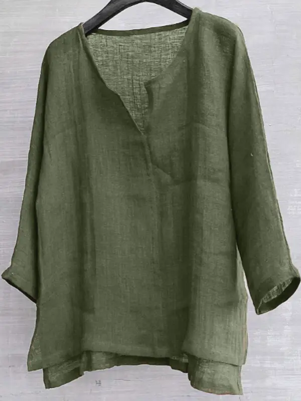 Einfarbige Bluse mit V-Ausschnitt aus Baumwolle und Leinen - Funluc.com 