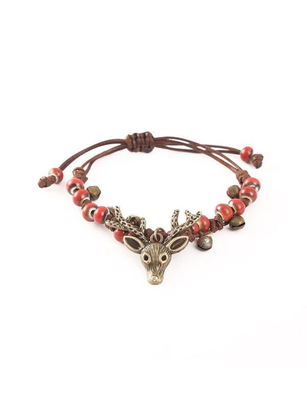 Retro weaving brass bell ceramics deer head bracelet