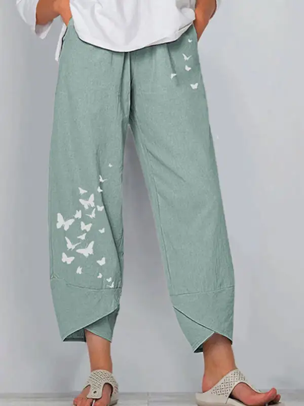 Casual Cotton And Linen Butterfly Print Wide-Leg Pants - Funluc.com 