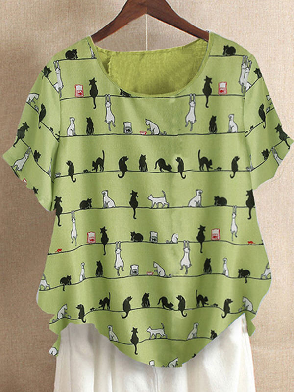 Cartoon Cat Print Round Neck Short Sleeve T-Shirt Cartoon Cat Print Round Neck Short Sleeve T-Shirt