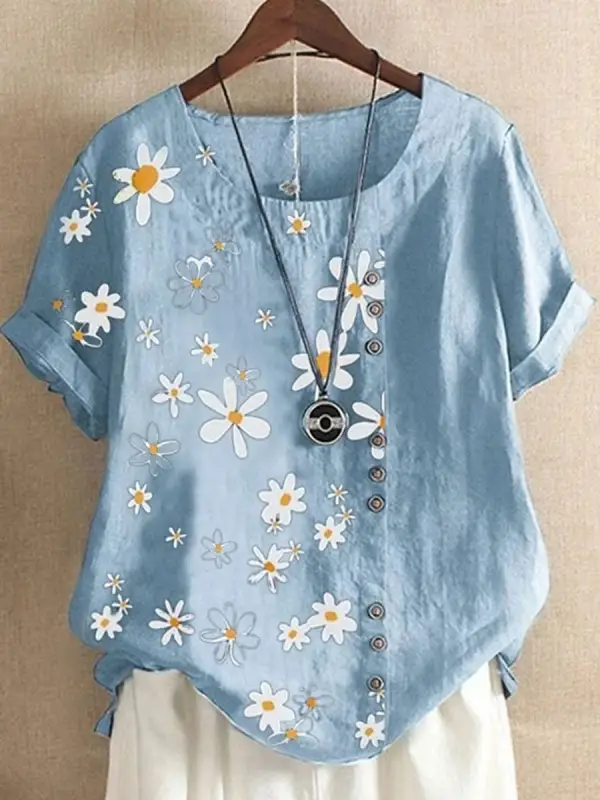 Casual Cotton And Daisy Printed Short-Sleeved Blouse - Funluc.com 