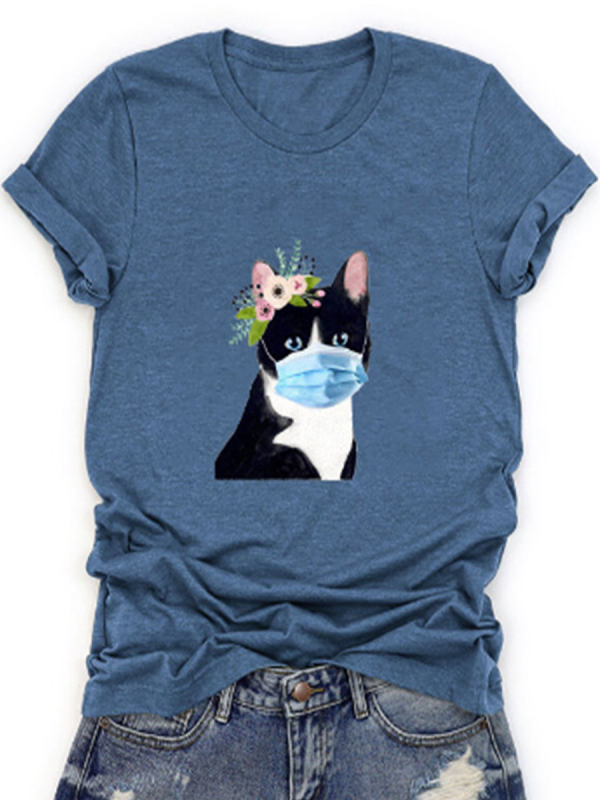 Cat Flower Mask Printed Short-Sleeved T-Shirt