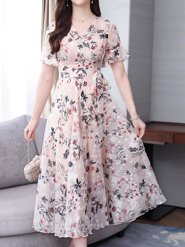 Waist Flared Short-sleeved A-line Knee Length Maxi Dress