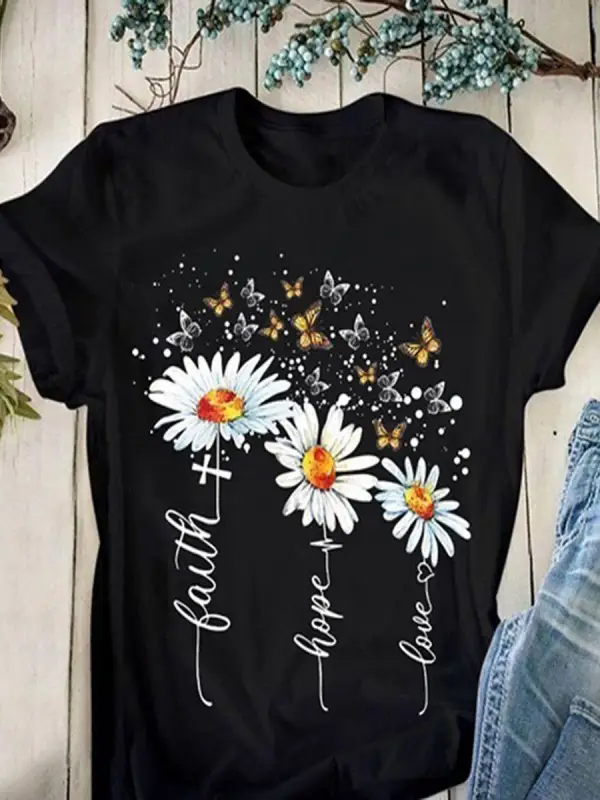 Round Neck Casual Creative Flower Print T-Shirt - Ninacloak.com 