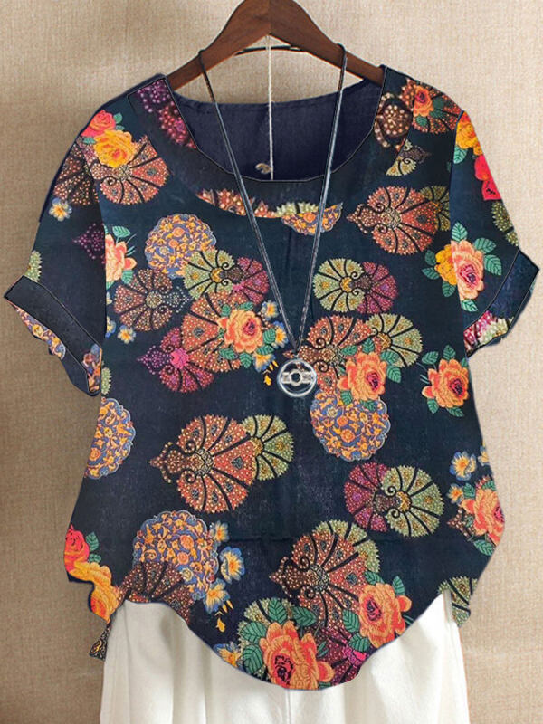 Casual Round Neck Printed Short Sleeve Blouse