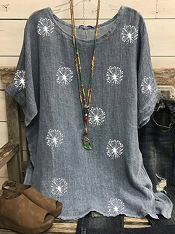 Round Neck Flower Print Loose Fitting Blouse Round Neck Flower Print Loose Fitting Blouse