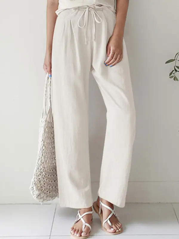 pantalones de lino de algodón de cintura elástica casual de pierna recta de color sólido - Funluc.com 