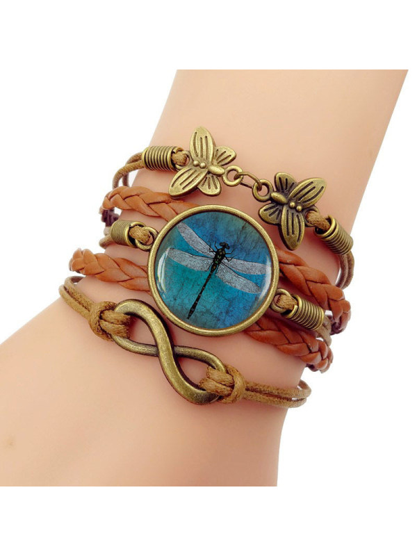Vintage Amber Blue Dragonfly Leather Braided Bracelet