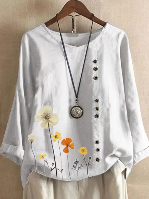 Floral Print Round Neck Cotton And Linen Long Sleeve Blouse - Funluc.com 