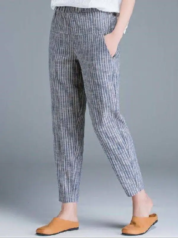Pure Color Cotton And Linen Elastic Waist Casual Pants - Funluc.com 